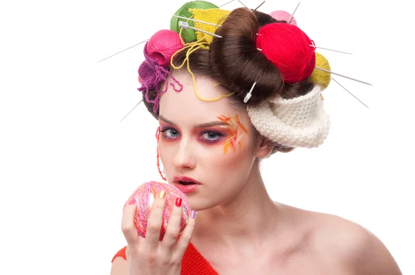 stock image Closeup fashion woman with color face art in knitting style