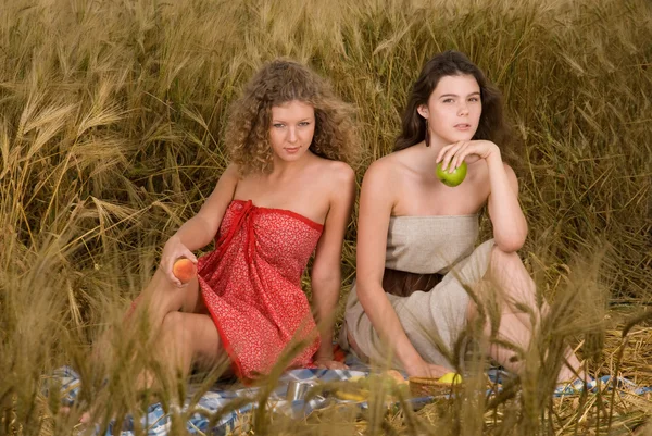 Dwie piękne dziewczyny słowiańskich na piknik — Zdjęcie stockowe