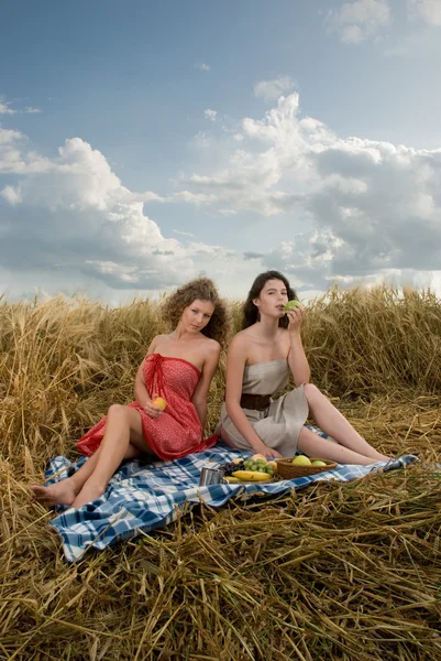 Zwei schöne slawische Mädchen beim Picknick — Stockfoto