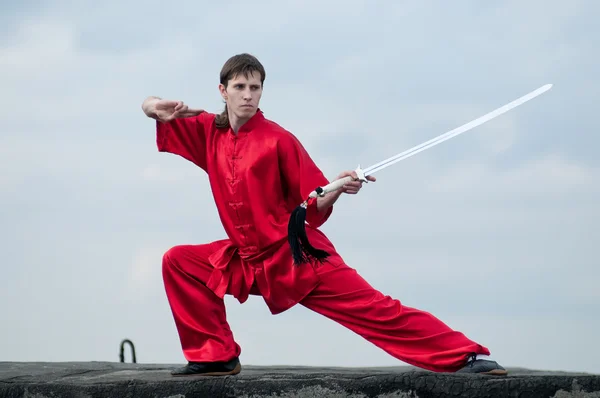 Wushoo man in red practice martial art Royalty Free Stock Photos