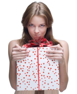 Closeup portrait of angry woman with big gift clipart
