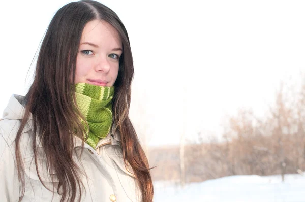 Hermosa chica en verde sobre el paisaje de invierno — Foto de Stock