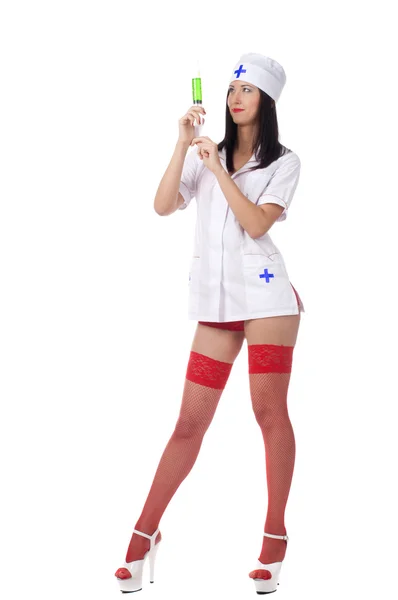 Sexy doktora žena s injekční stříkačkou. samostatný. — Stock fotografie