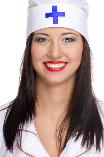 Sexig kvinna med röda läppar och medicinska uniform — Stockfoto