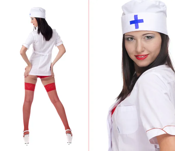Sexy žena s červenými rty a zdravotnické uniformy — Stock fotografie