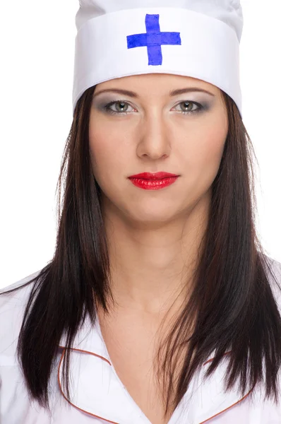 Szexi nő piros ajkak és orvosi egységes — Stock Fotó