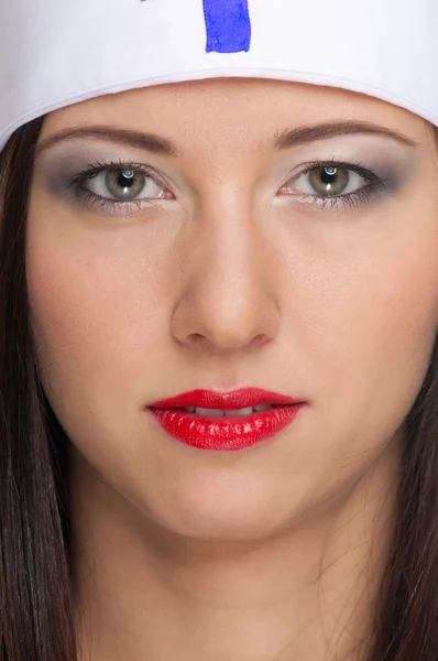 Σέξι γυναίκα με κόκκινα χείλη και ιατρική στολή — Φωτογραφία Αρχείου