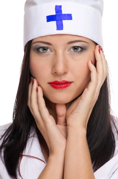 Sexy kobieta z czerwonymi ustami i medycznych jednolite — Zdjęcie stockowe