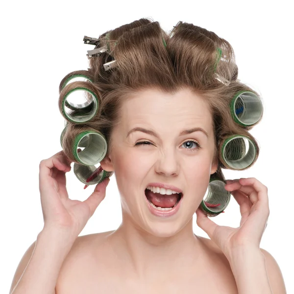 Kadın saçı silindir kıvırma — Stok fotoğraf