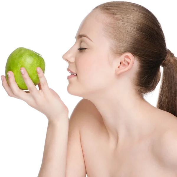 Kadın yemek yeşil elma — Stok fotoğraf