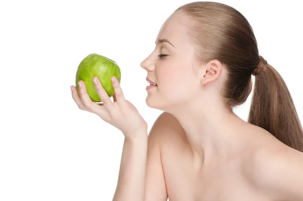 여자 먹는 녹색 사과 — 스톡 사진