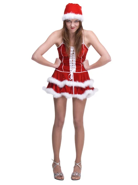Belle femme dansante vêtue de la robe clause Père Noël — Photo