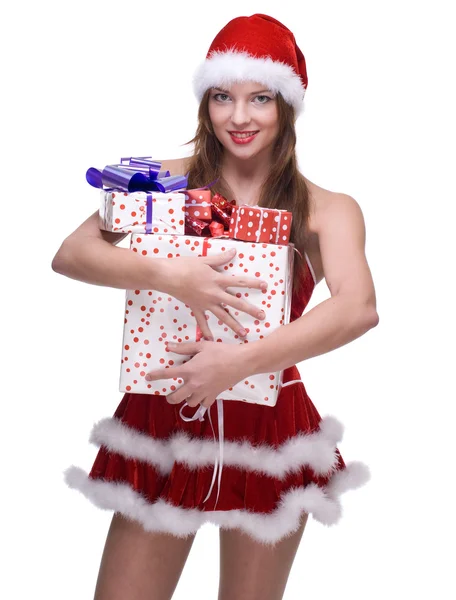 Mujer vestida con vestido de Santa Claus con regalos —  Fotos de Stock