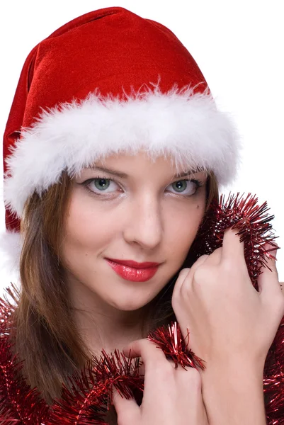 Nahaufnahme Porträt eines emotionalen Mädchens im Weihnachtsmann-Kleid — Stockfoto