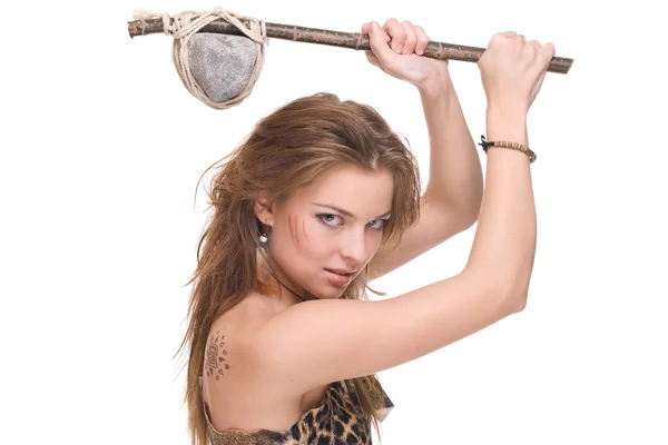 Closeup portrait of young savage woman with stone hammer — Stock Photo, Image