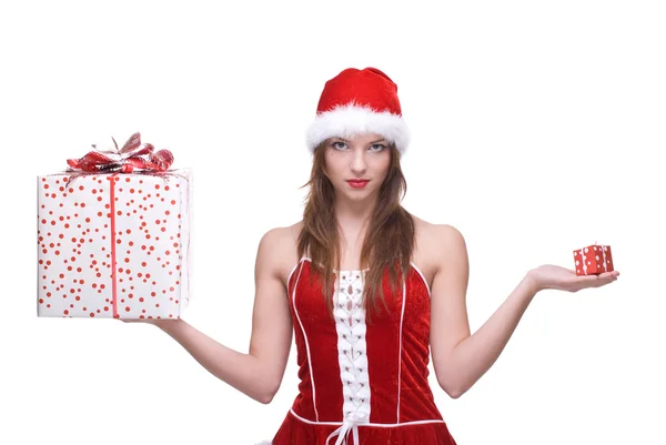 Donna indossato in abito Babbo Natale clausola con doni — Foto Stock