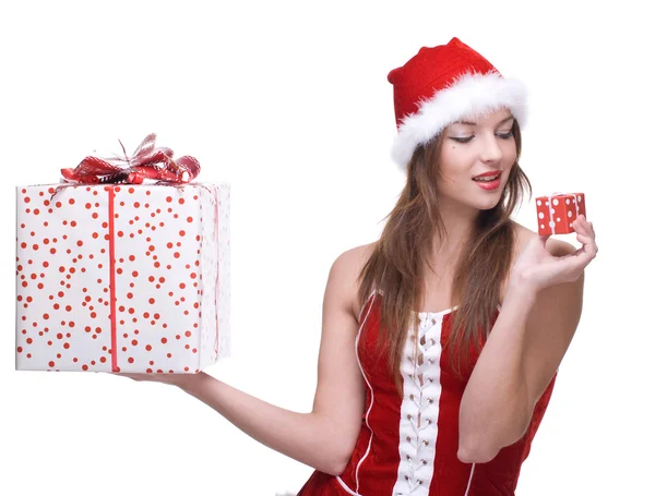 Vrouw weared in Kerstman jurk met geschenken — Stockfoto