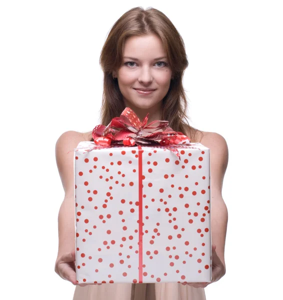 Beautiful womanl with huge gift — Stock Photo, Image