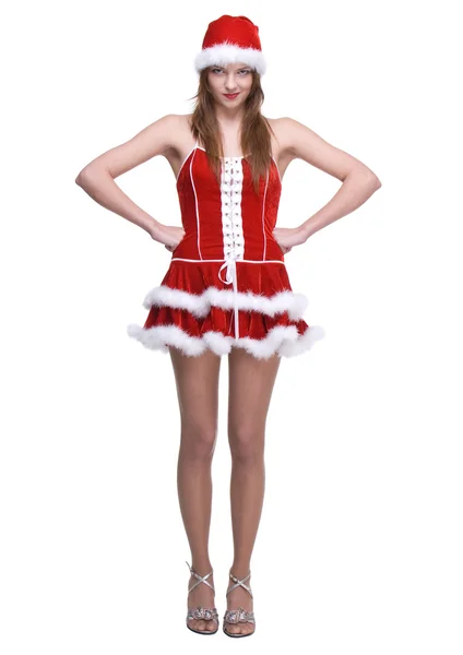 Beautiful dancing woman weared in santa clause dress — Stock Photo, Image