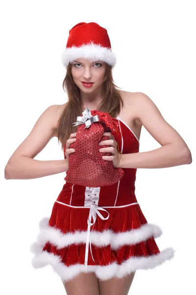 Primer plano de chica en Santa Claus vestido y bolsa de regalos — Foto de Stock