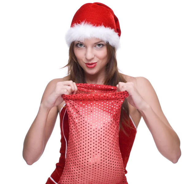Femme dans la robe de clause Père Noël et sac cadeaux — Photo