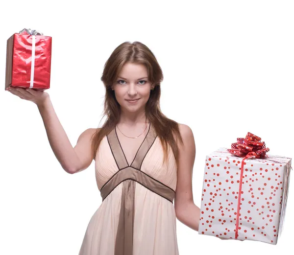 Beautiful girl with two gifts — Stock Photo, Image