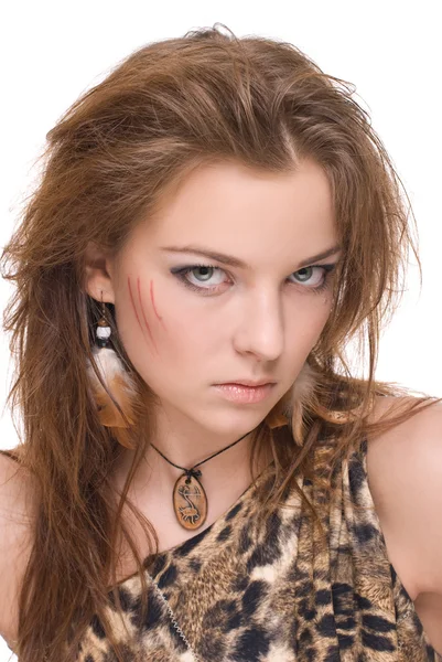 Closeup portrait of young emotional savage woman — Stock Photo, Image