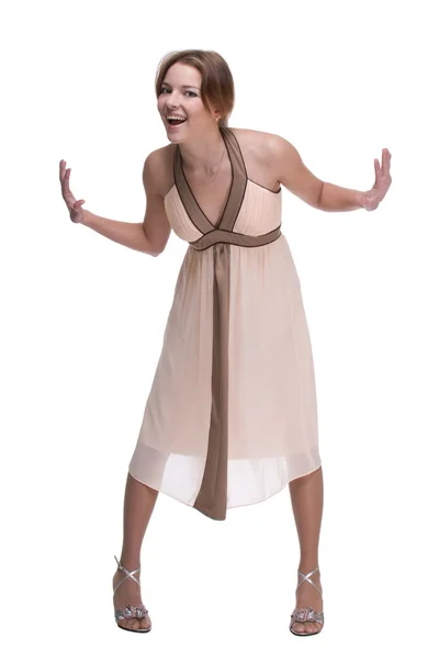 Mooie dansende vrouw in licht jurk — Stockfoto
