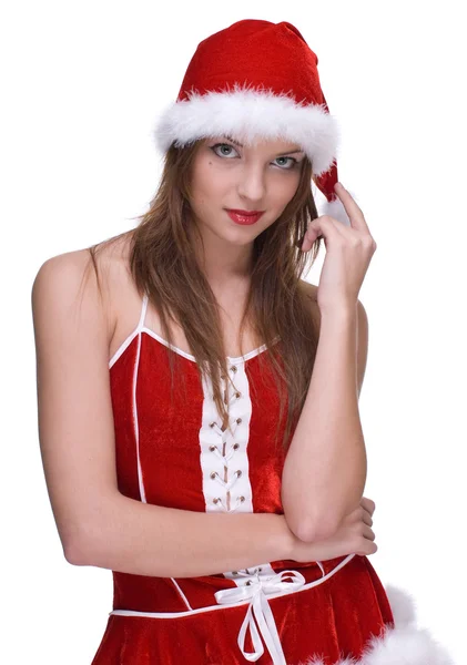 Emotional girl in santa clause dress — Stock Photo, Image