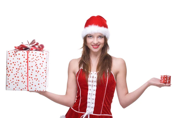 Жінка в сукні Санта-Клауса з подарунками — стокове фото