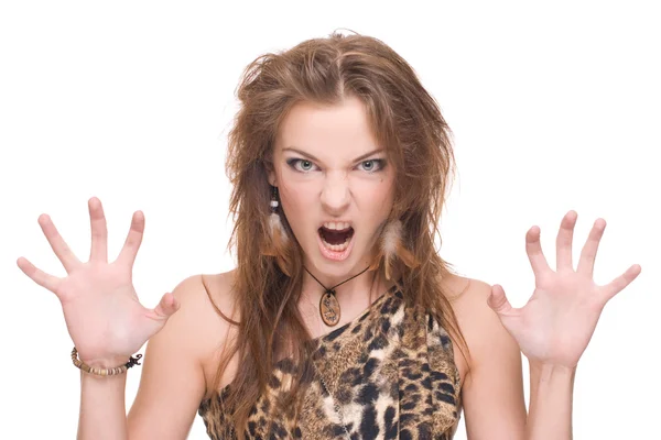 Closeup portrait of young angry savage woman — Stock Photo, Image