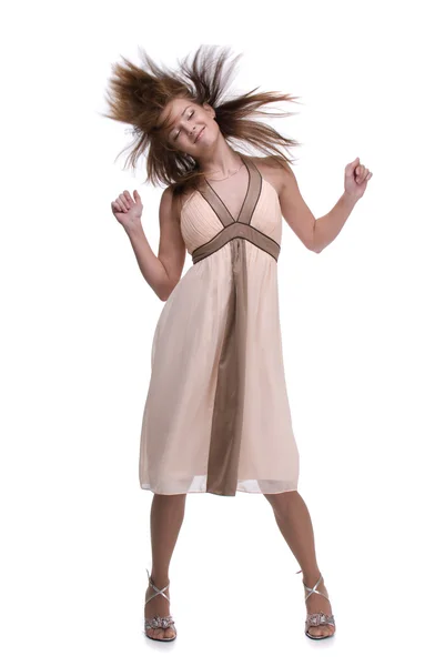 Beautiful dancing woman in light dress — Stock Photo, Image