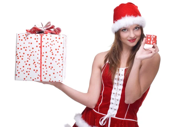 Vrouw weared in Kerstman jurk met geschenken — Stockfoto
