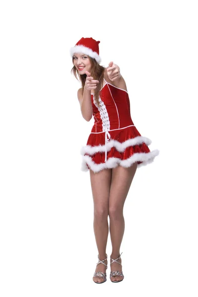 Beautiful dancing girl weared in santa clause dress — Stock Photo, Image