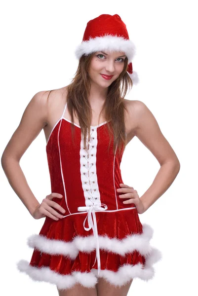 Emotionales Mädchen im Weihnachtsmann-Kleid — Stockfoto