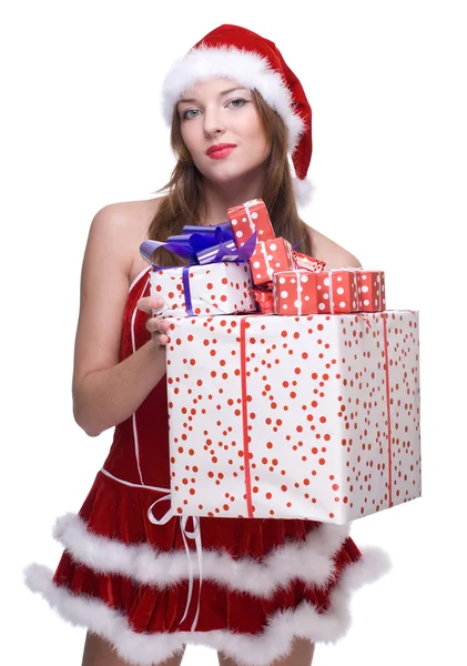 Mujer vestida con vestido de Santa Claus con regalos — Foto de Stock