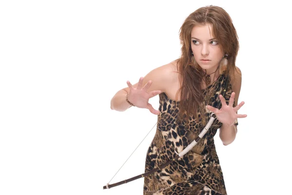 Closeup portrait of young savage woman with bow — Stock Photo, Image