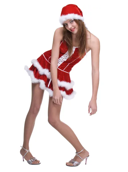 Belle femme dansante vêtue de la robe clause Père Noël — Photo