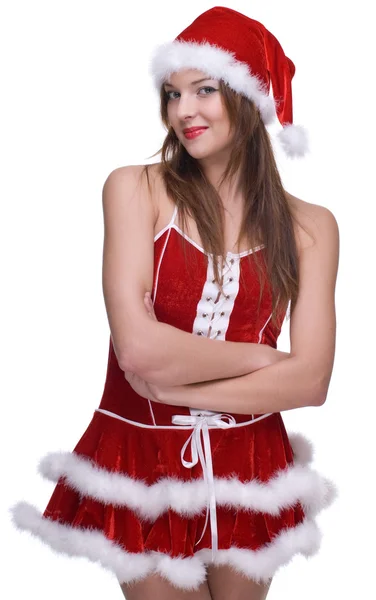 Emotional girl in santa clause dress — Stock Photo, Image