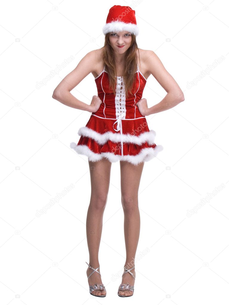 Beautiful dancing woman weared in santa clause dress