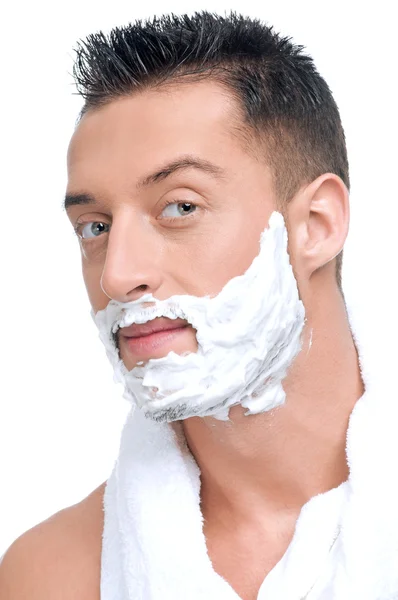 Portrét muže v pěna na holení — Stock fotografie