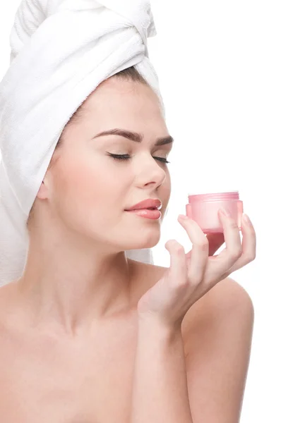 Close-up of beautiful woman smell cream. — Stock Photo, Image