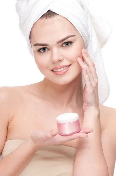 stock image Beautiful woman tender jar of cream.