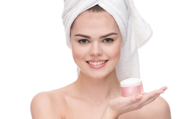 Beautiful woman tender jar of cream. — Stock Photo, Image