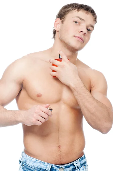 stock image Cosmetic wellness man spraying fragrance