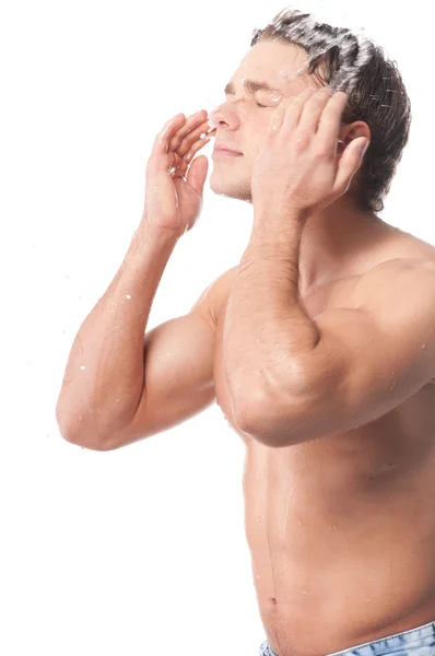 Young man wash face — Stock Photo, Image