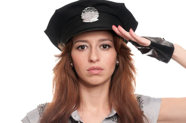 Красивая женщина-полицейский в сексуальном костюме — стоковое фото