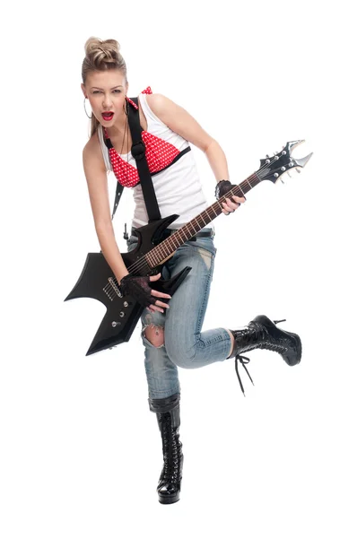 stock image Young rock woman with electric guitar