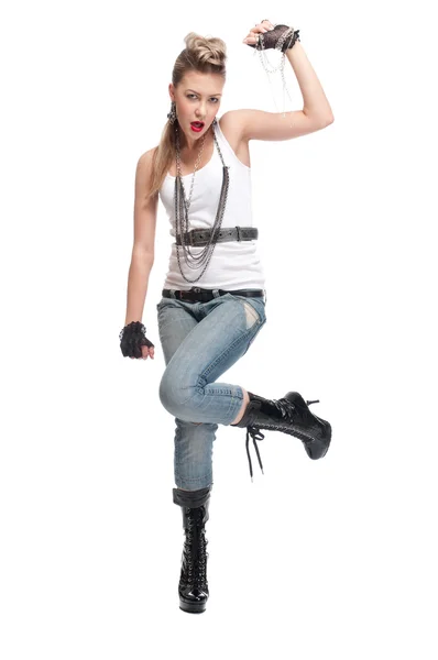 Jonge speelse rock meisje op wit — Stockfoto