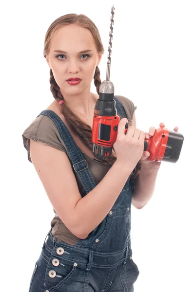 Young woman holding drill with auger — Stock Photo, Image